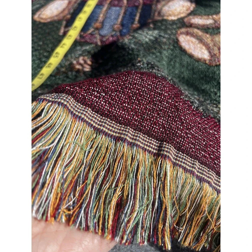 Vintage 1990s Woven Teddy Bear Throw Blanket Jacquard Fringe 52x57 Cottage Core